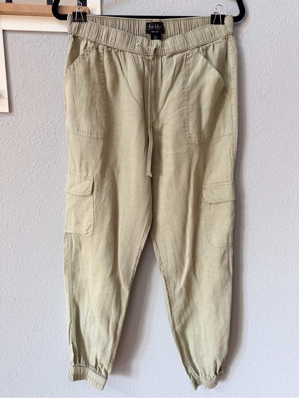Nicole Miller Olive Green 100% Linen Cargo Jogger Pants Size L